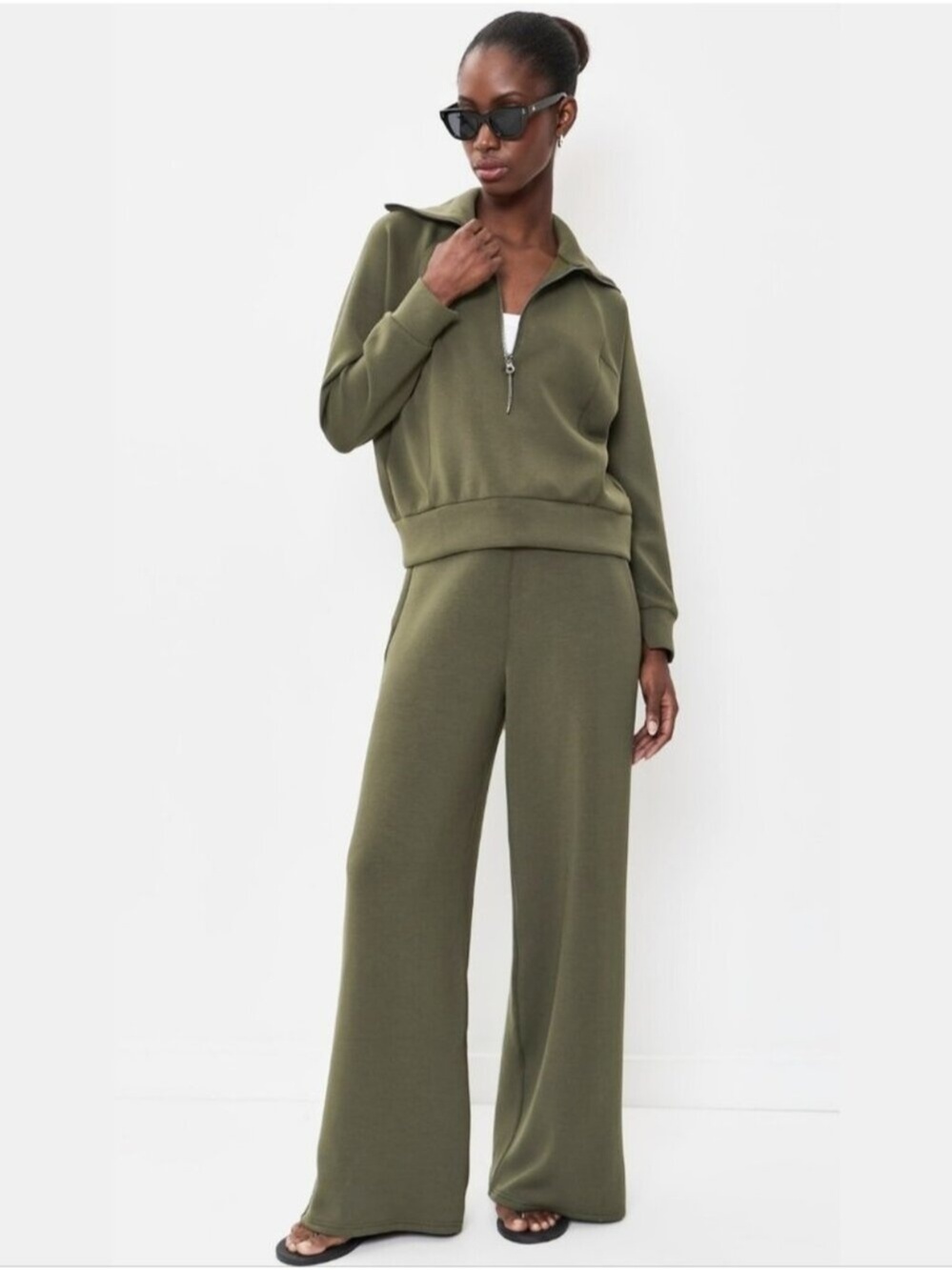 SPANX AirEssentials Half Zip Sweatshirt & Wide Leg Pants Green Medium Large Set
